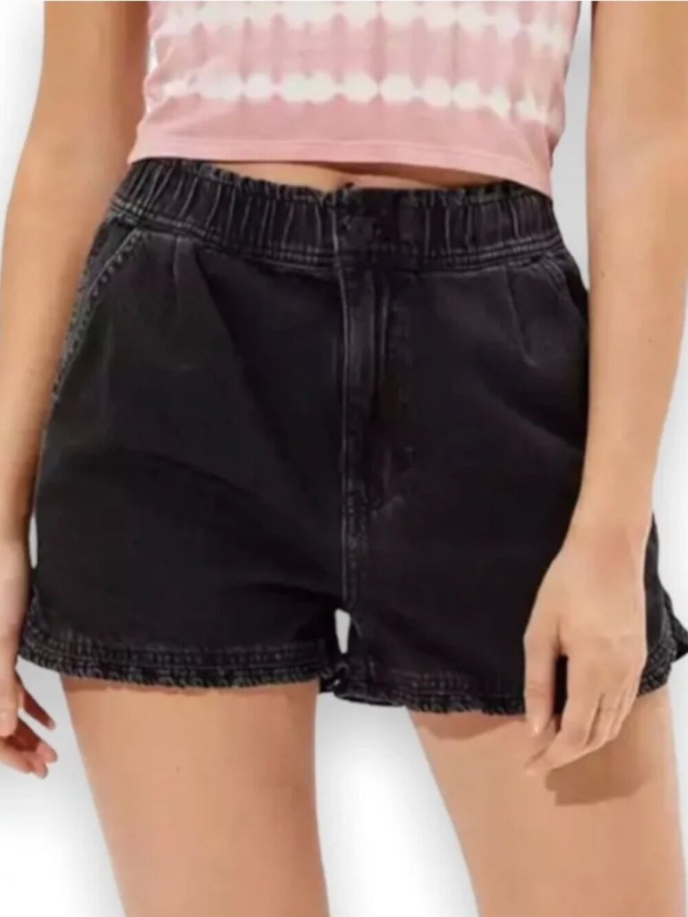 American Eagle Mom Shorts Size 6 Black Wash Ruffle Elastic Waist Stretch